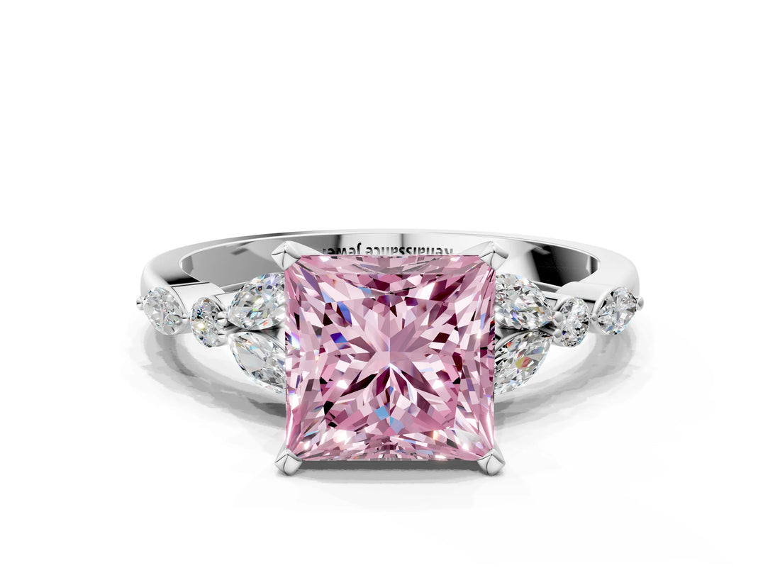 White gold Fancy Pink Princess Cut Diamond Solitaire Ring with Side Stones and Four-Prong Setting_41