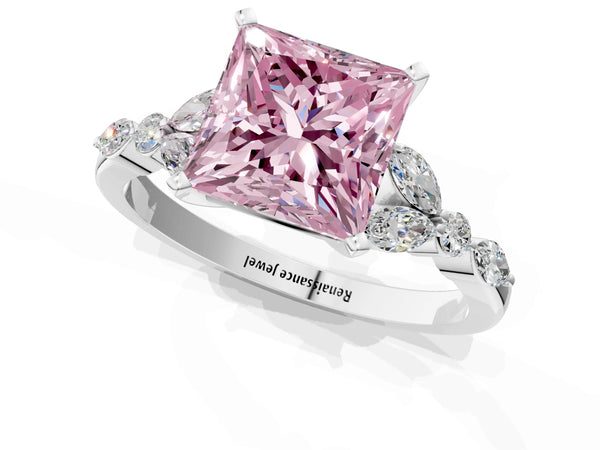 Platinum Fancy Pink Princess Cut Diamond Solitaire Ring with Side Stones and Four-Prong Setting