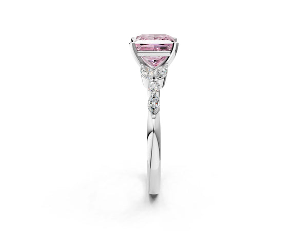Platinum Fancy Pink Princess Cut Diamond Solitaire Ring with Side Stones and Four-Prong Setting