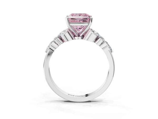 Platinum Fancy Pink Princess Cut Diamond Solitaire Ring with Side Stones and Four-Prong Setting