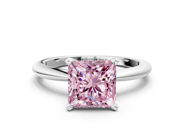 Platinum Fancy Pink Princess Cut Diamond Solitaire Ring with Six-Prong Setting and Classic Band