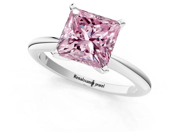 Platinum Fancy Pink Princess Cut Diamond Solitaire Ring with Six-Prong Setting and Classic Band