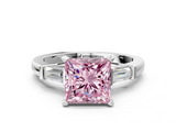 White gold Fancy Pink Princess  Cut Diamond Solitaire Ring with Tapered Baguette Accents and Four-Prong Setting