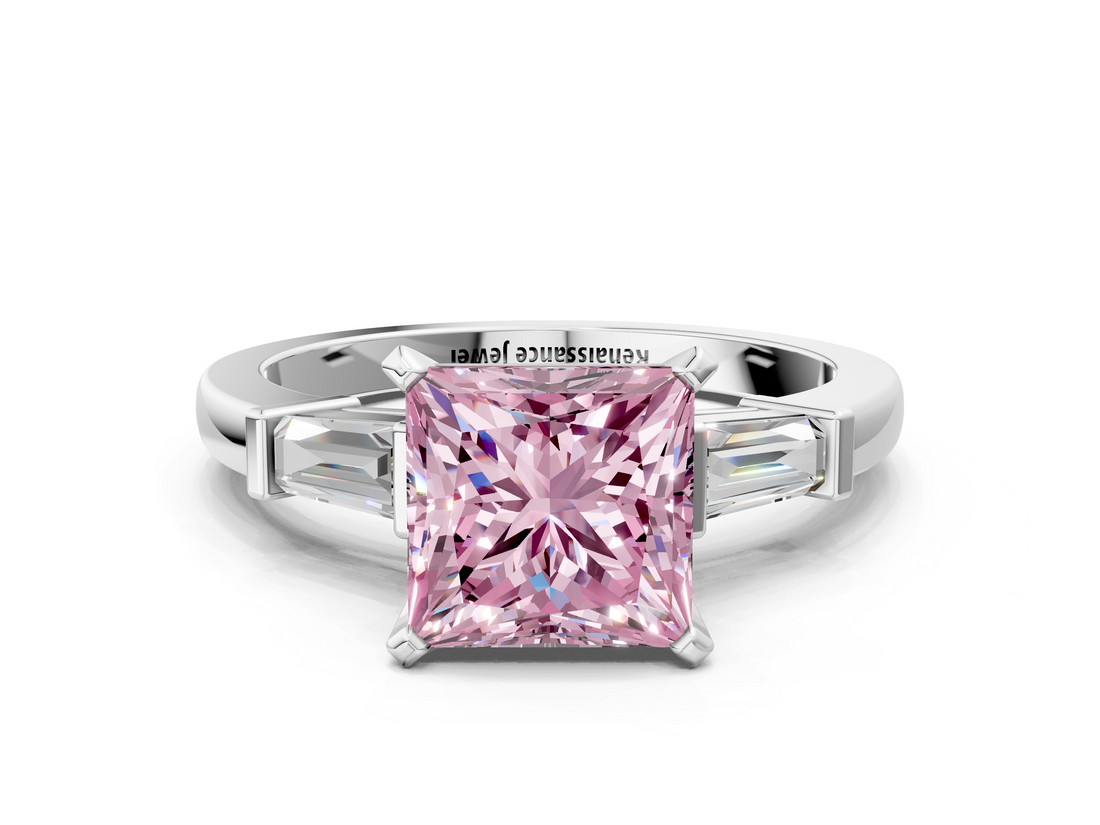 White gold Fancy Pink Princess  Cut Diamond Solitaire Ring with Tapered Baguette Accents and Four-Prong Setting