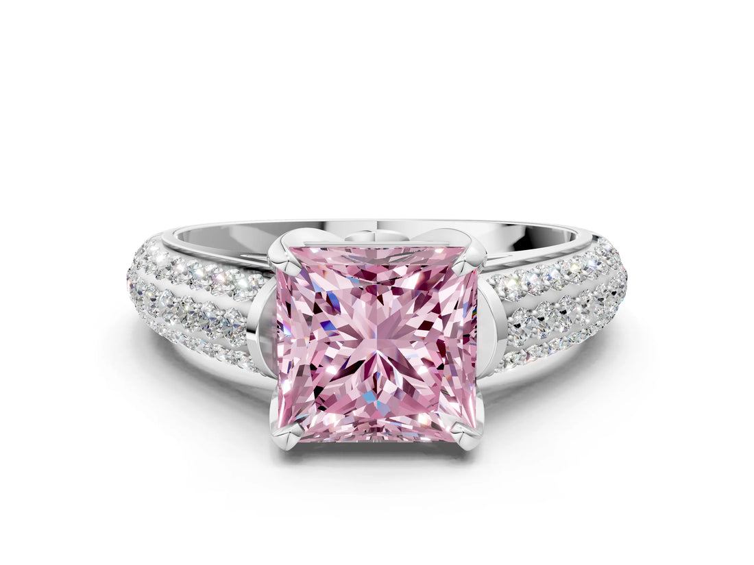 White gold Fancy Pink Princess Cut Diamond Solitaire Ring with Three-Row Pavé Band and Four-Prong Setting_29