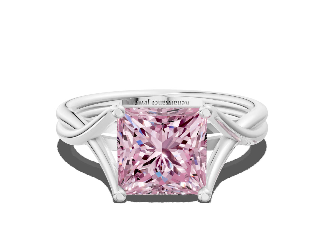 White gold Fancy Pink Princess Cut Diamond Solitaire Twist Band Prong Setting Ring_91