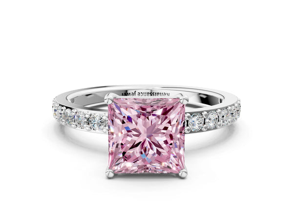 White gold Fancy Pink Princess  Cut Diamond Solitaire with Pave Band and Four-Prong Setting