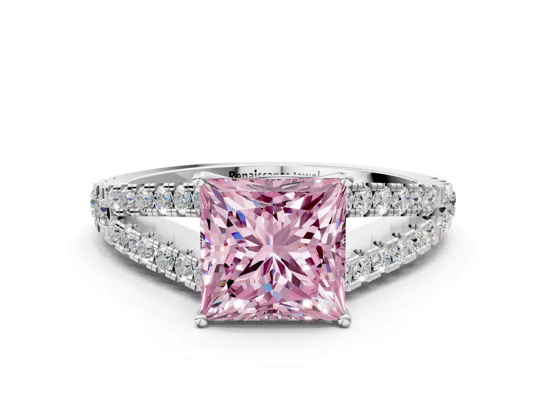 White gold Fancy Pink Princess Cut Diamond Split Shank Pavé Engagement Ring with Four-Prong Setting_29