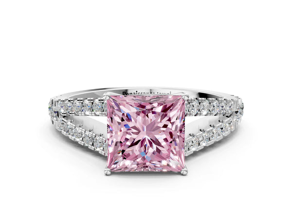 White Gold Princess Cut Graduated Split Shank Engagement Ring Setting for Fancy Pink Center