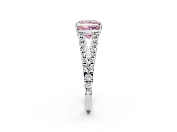 White Gold Princess Cut Graduated Split Shank Engagement Ring Setting for Fancy Pink Center