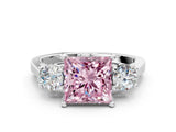 White gold Fancy Pink Princess Cut Diamond Three-Stone Engagement Ring with Prong Setting and Pavé Band