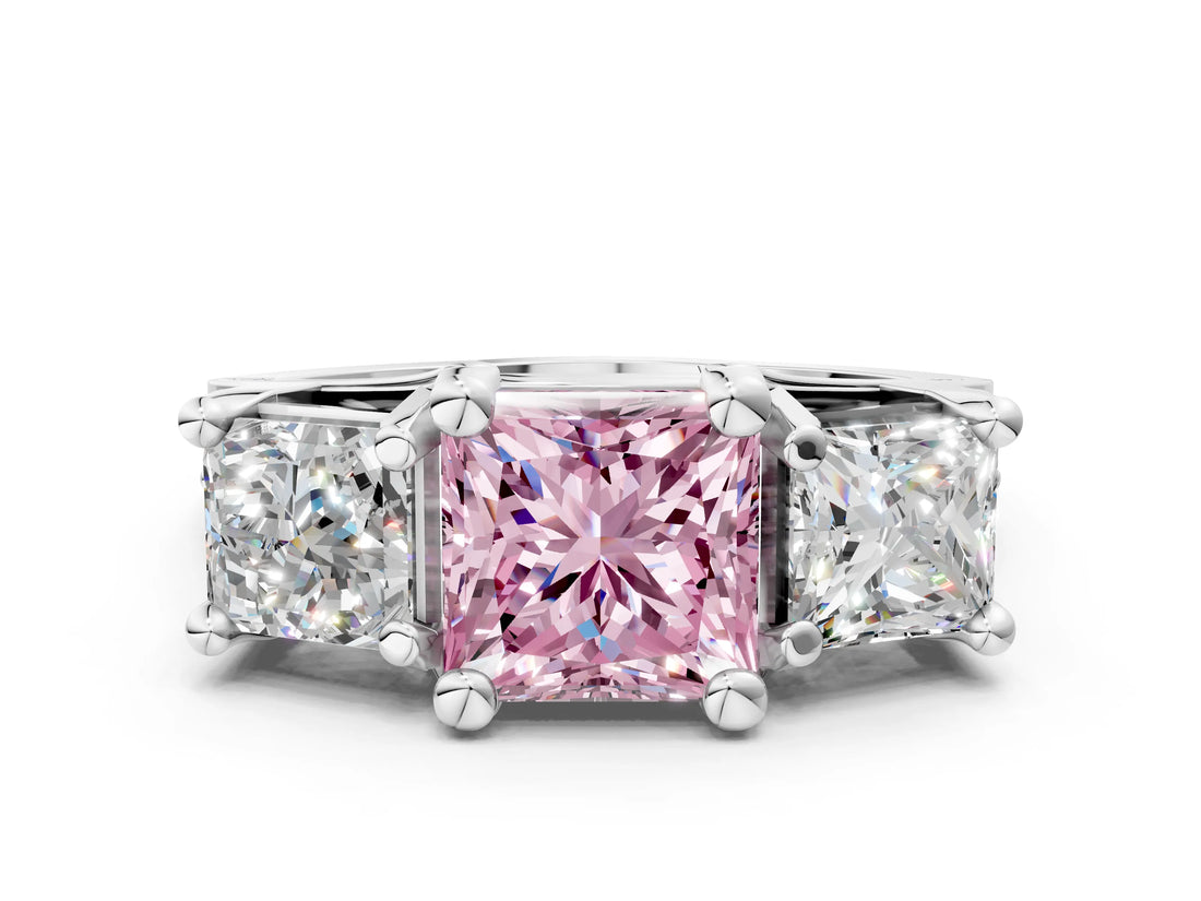 White gold Fancy Pink Princess Cut Diamond Three-Stone Ring with Channel Set Band and Four-Prong Setting_45