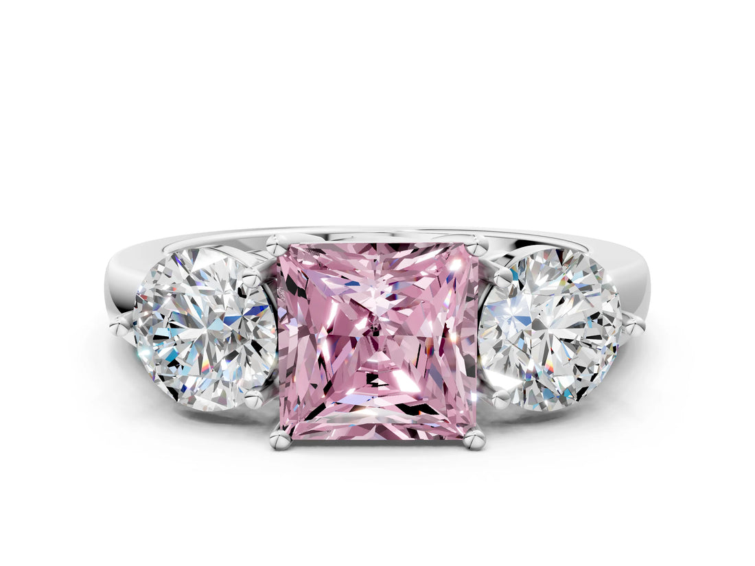 White gold Fancy Pink Princess Cut Diamond Three-Stone Ring with Prong Setting and Classic Band_46