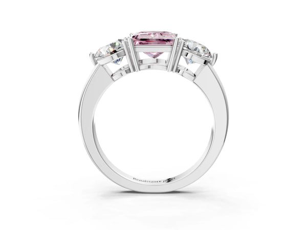 White gold Fancy Pink Princess Cut Diamond Three-Stone Ring with Prong Setting and Classic Band
