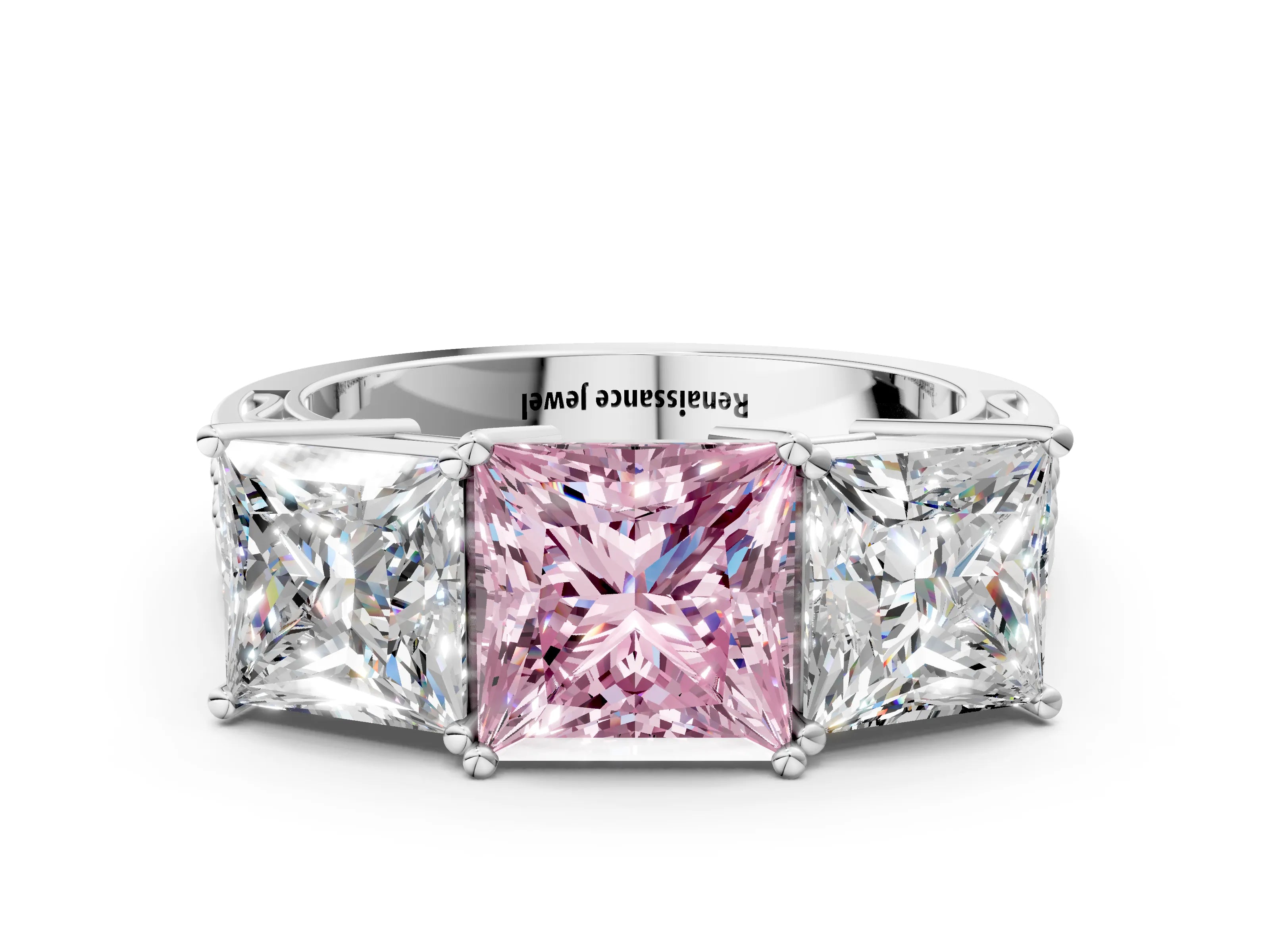 White gold Fancy Pink Princess Cut Diamond Three-Stone Ring with Prong Setting and Textured Band_12