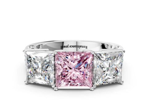 White gold Fancy Pink Princess Cut Diamond Three-Stone Ring with Prong Setting and Textured Band_12
