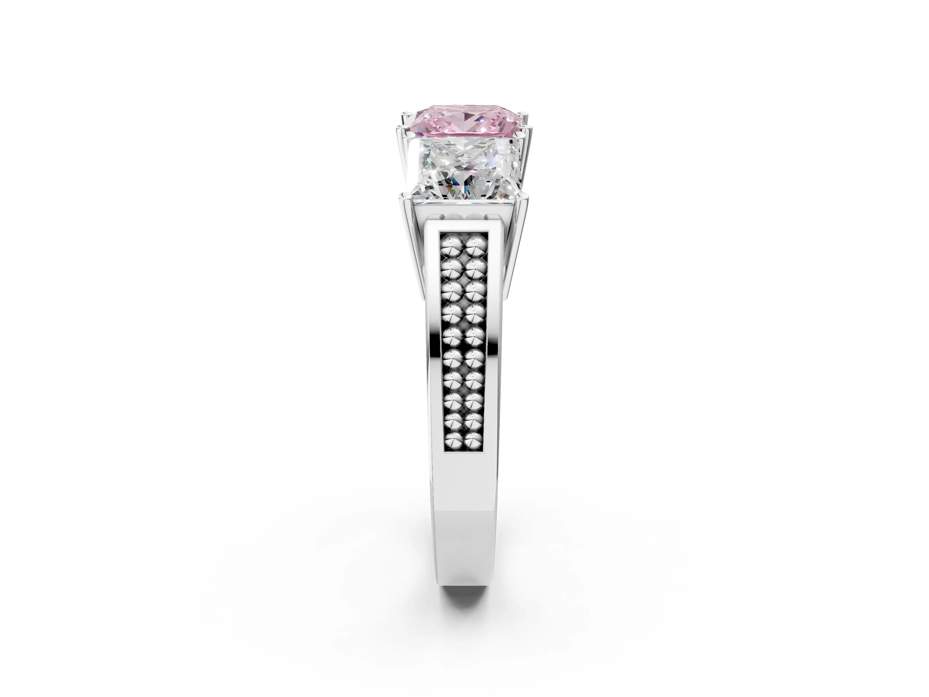 White gold Fancy Pink Princess Cut Diamond Three-Stone Ring with Prong Setting and Textured Band_14