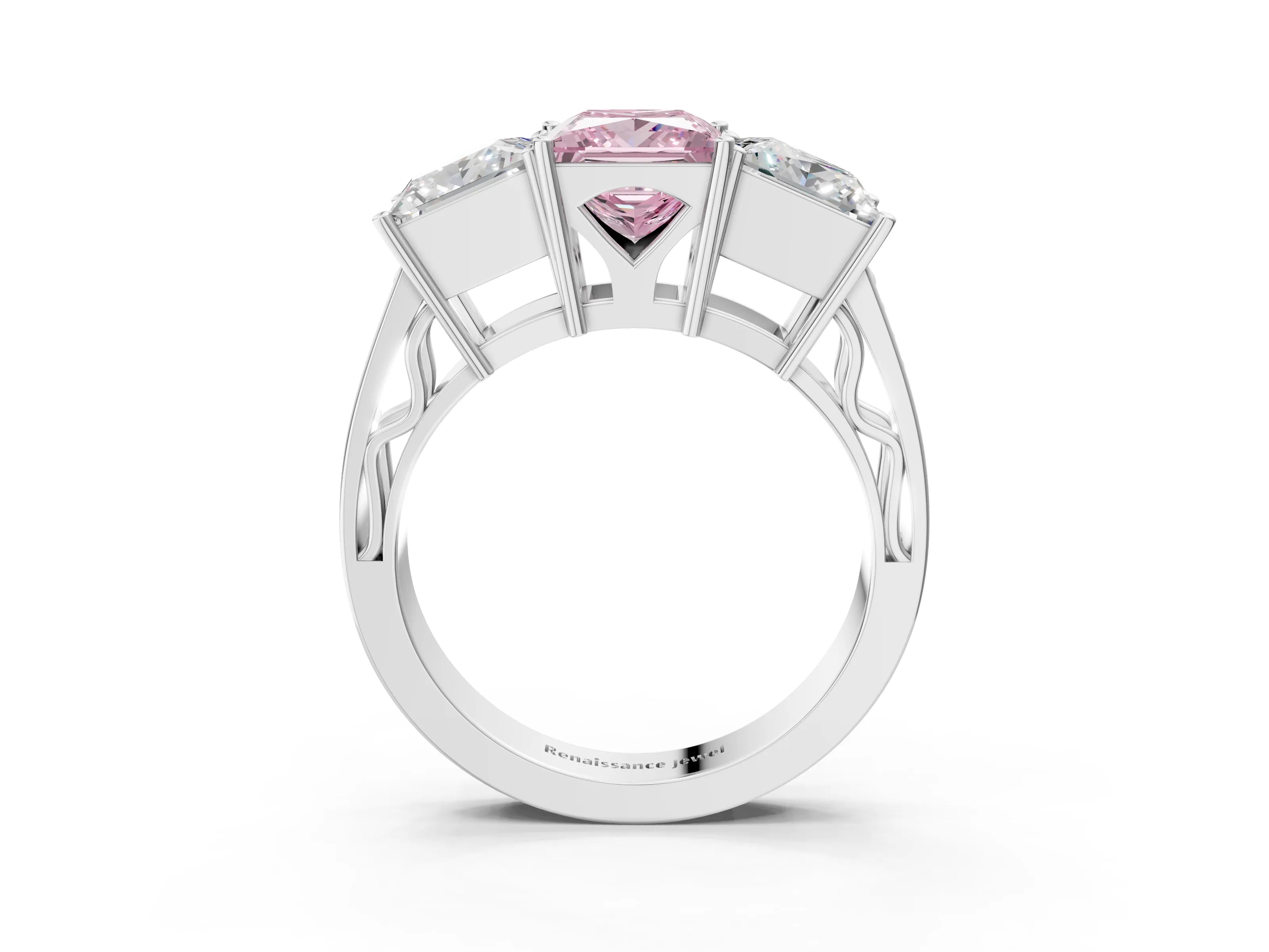 White gold Fancy Pink Princess Cut Diamond Three-Stone Ring with Prong Setting and Textured Band_14