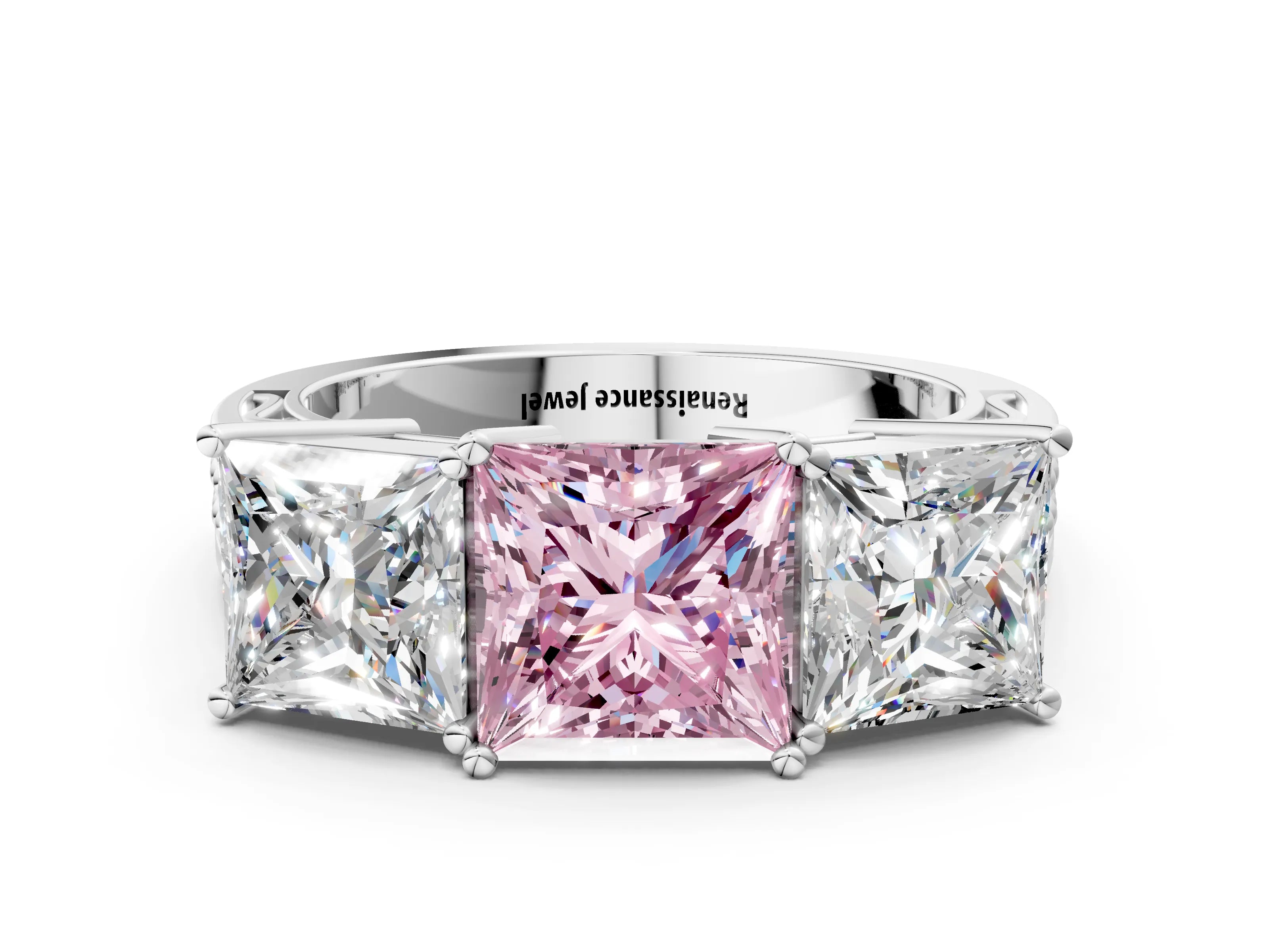 White gold Fancy Pink Princess Cut Diamond Three-Stone Ring with Prong Setting and Textured Band_24