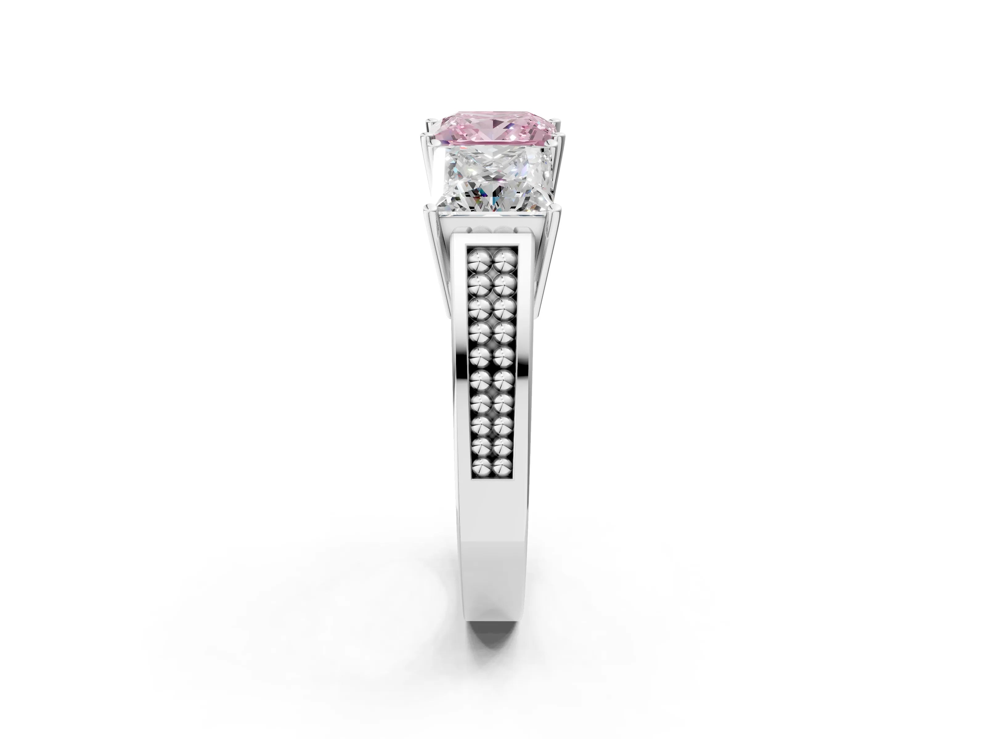 White gold Fancy Pink Princess Cut Diamond Three-Stone Ring with Prong Setting and Textured Band_26