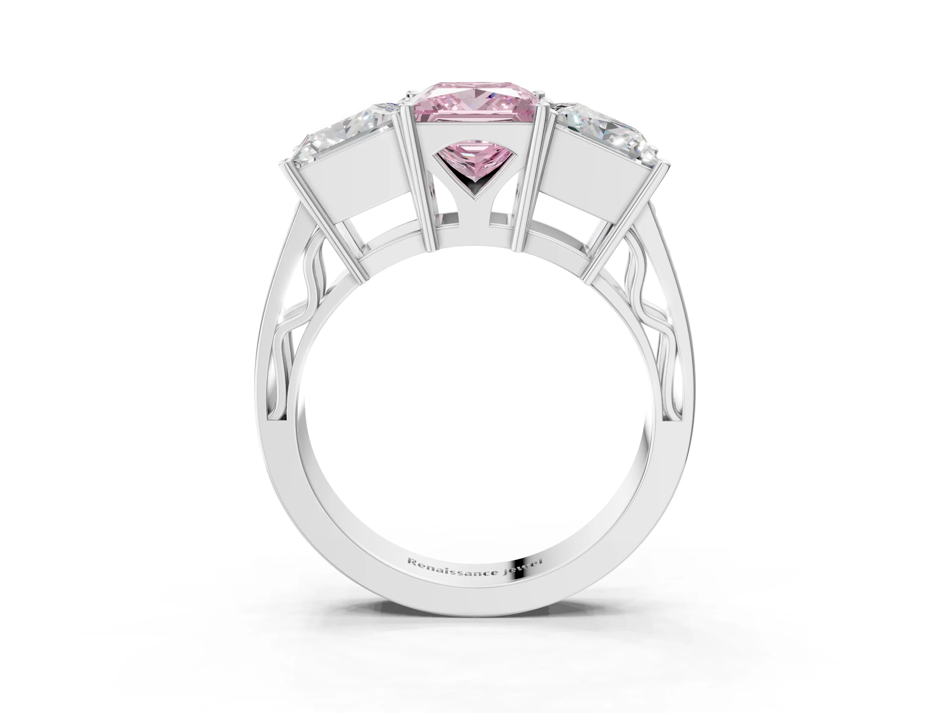 White gold Fancy Pink Princess Cut Diamond Three-Stone Ring with Prong Setting and Textured Band_27