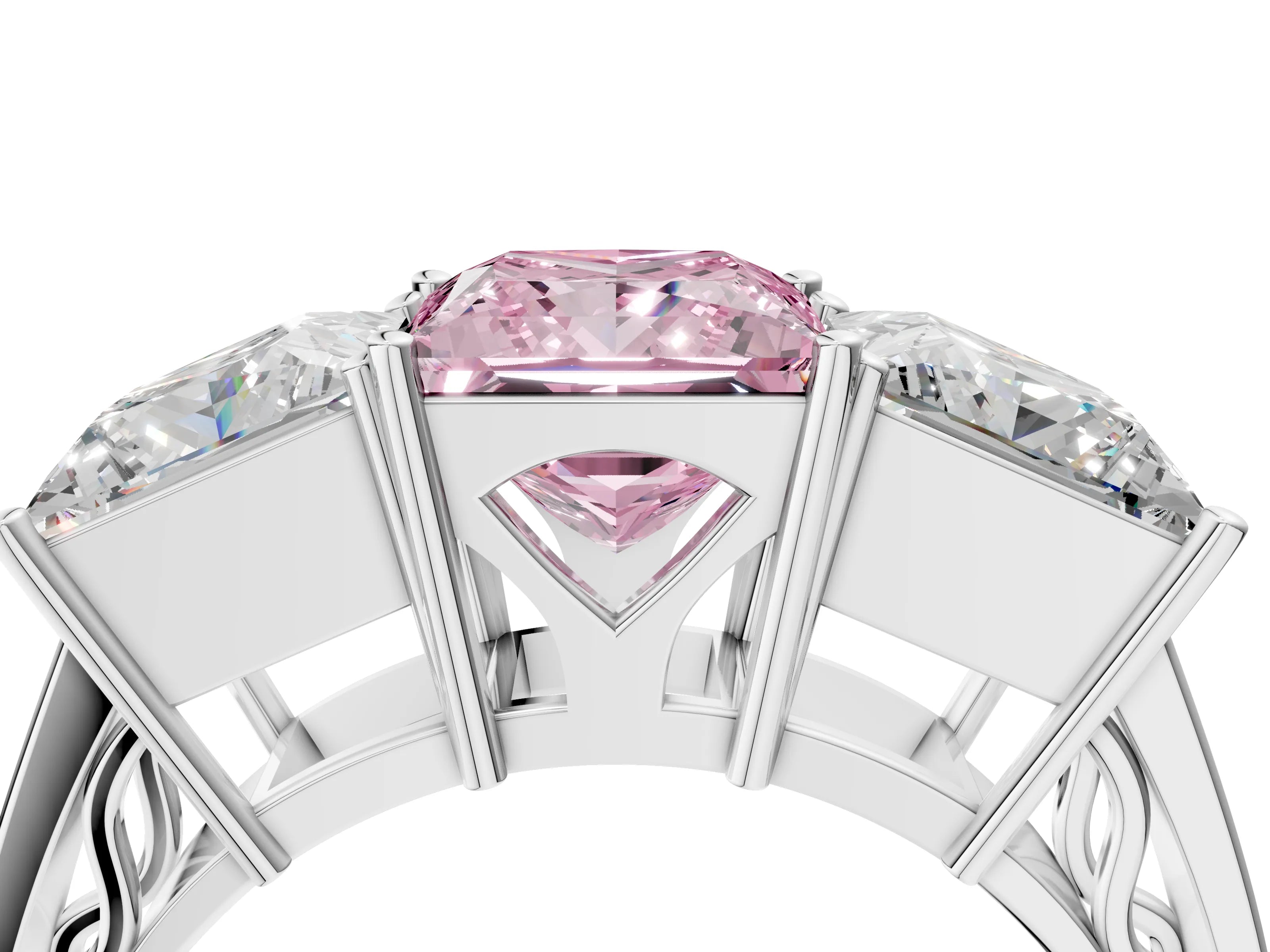 White gold Fancy Pink Princess Cut Diamond Three-Stone Ring with Prong Setting and Textured Band_28