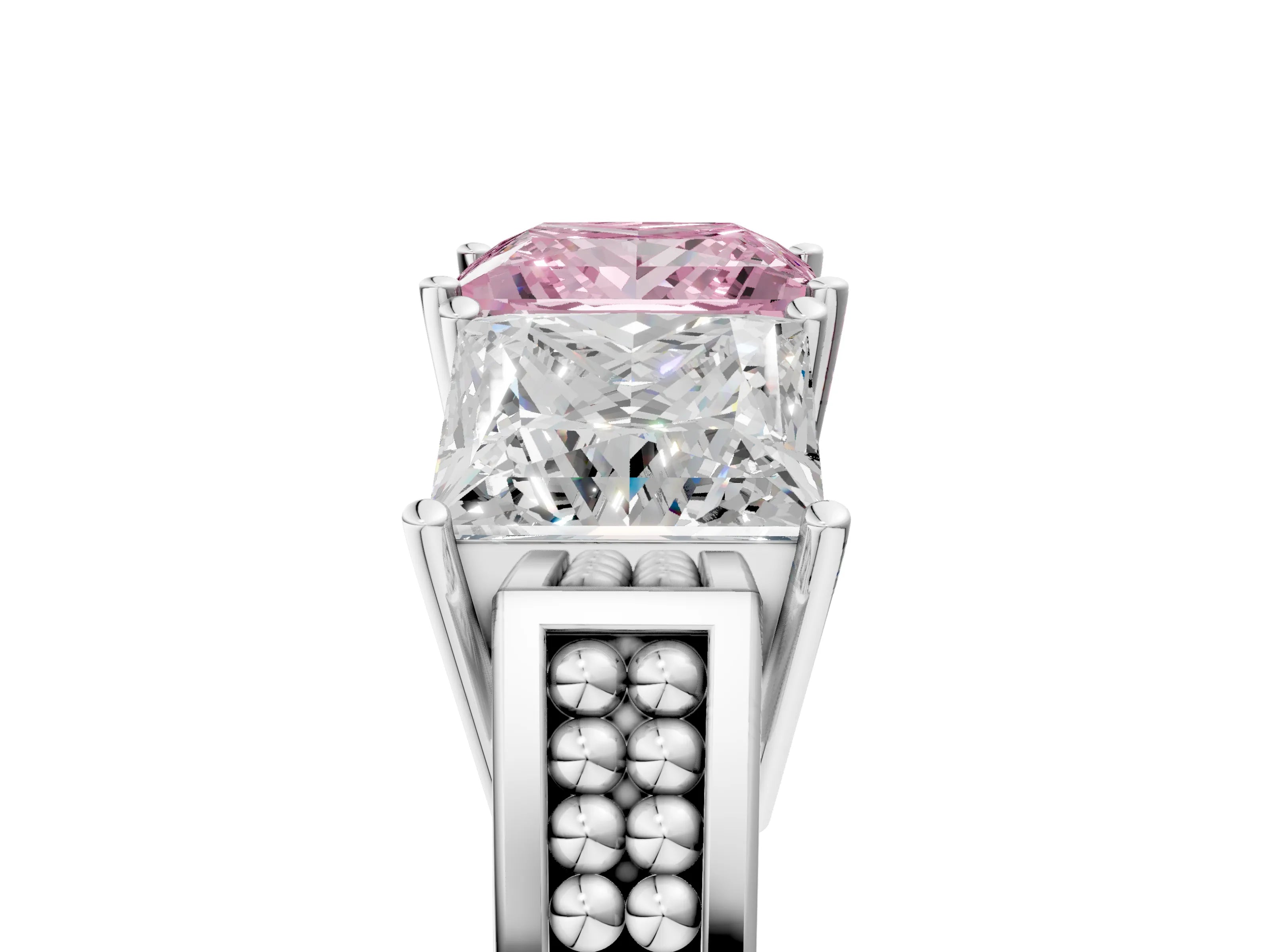 White gold Fancy Pink Princess Cut Diamond Three-Stone Ring with Prong Setting and Textured Band_29