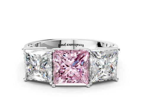 White gold Fancy Pink Princess Cut Diamond Three-Stone Ring with Prong Setting and Textured Band_35