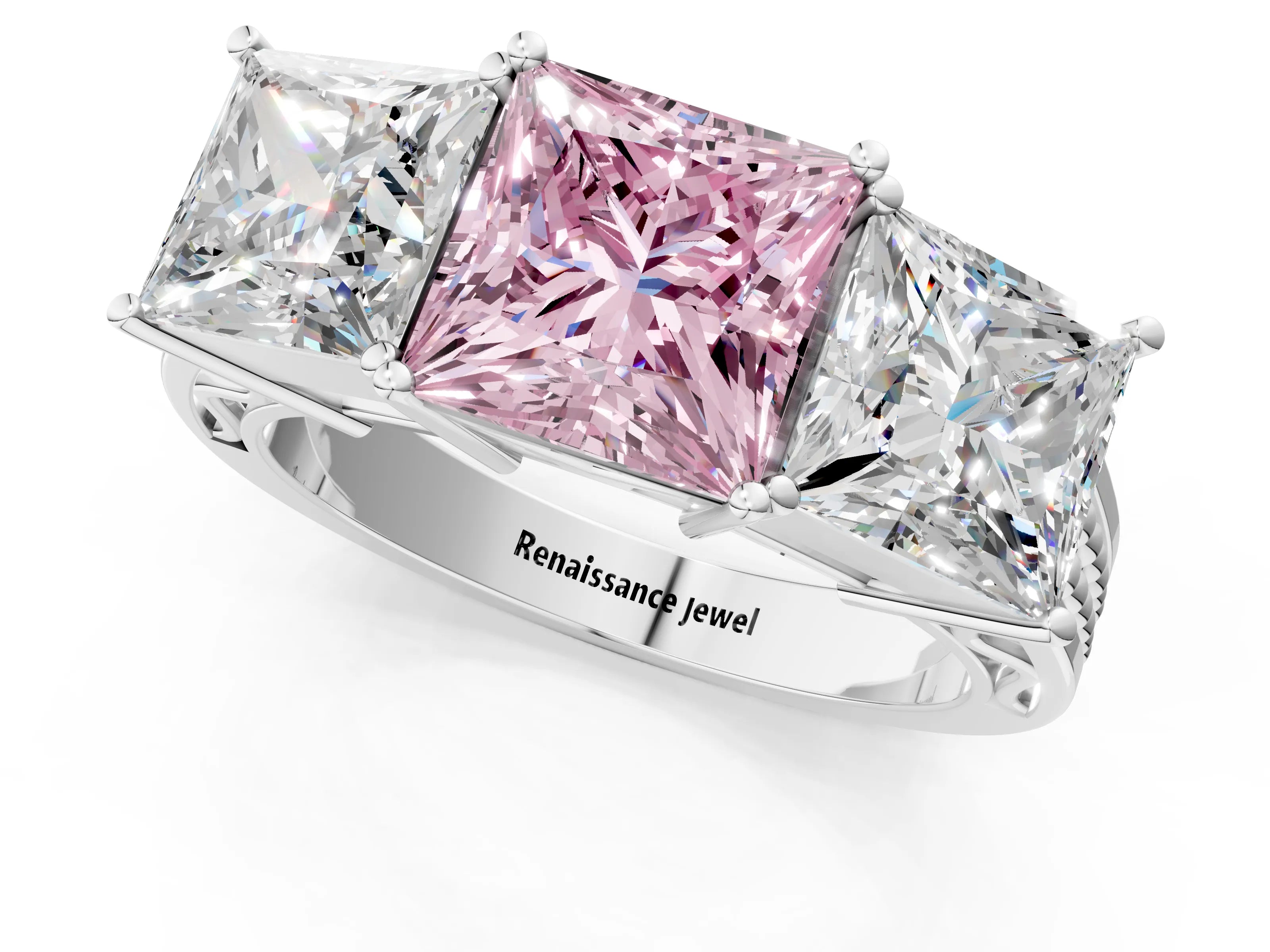 White gold Fancy Pink Princess Cut Diamond Three-Stone Ring with Prong Setting and Textured Band_37