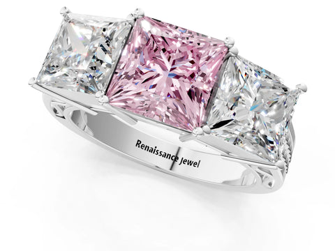 White gold Fancy Pink Princess Cut Diamond Three-Stone Ring with Prong Setting and Textured Band_37