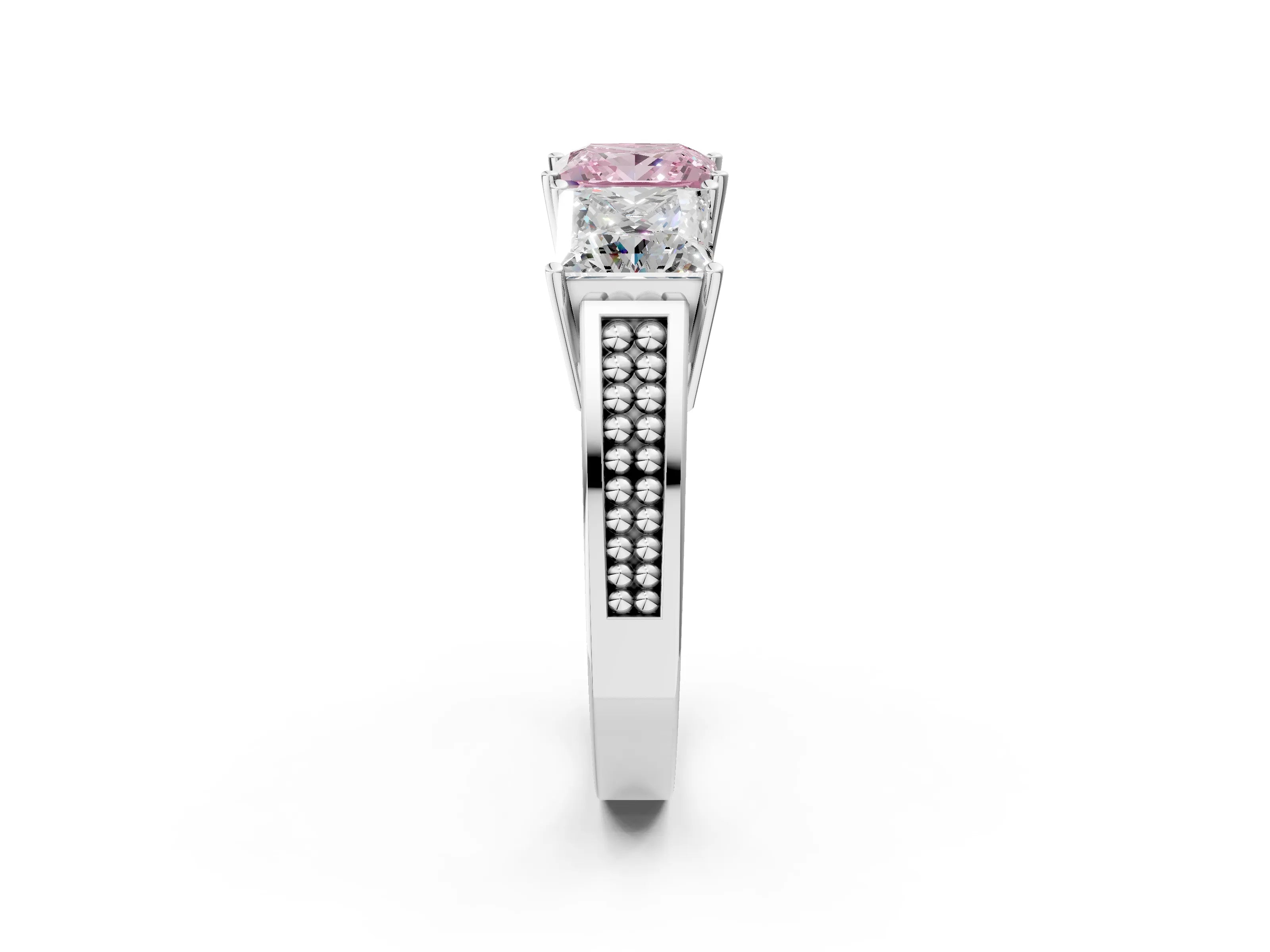 White gold Fancy Pink Princess Cut Diamond Three-Stone Ring with Prong Setting and Textured Band_38
