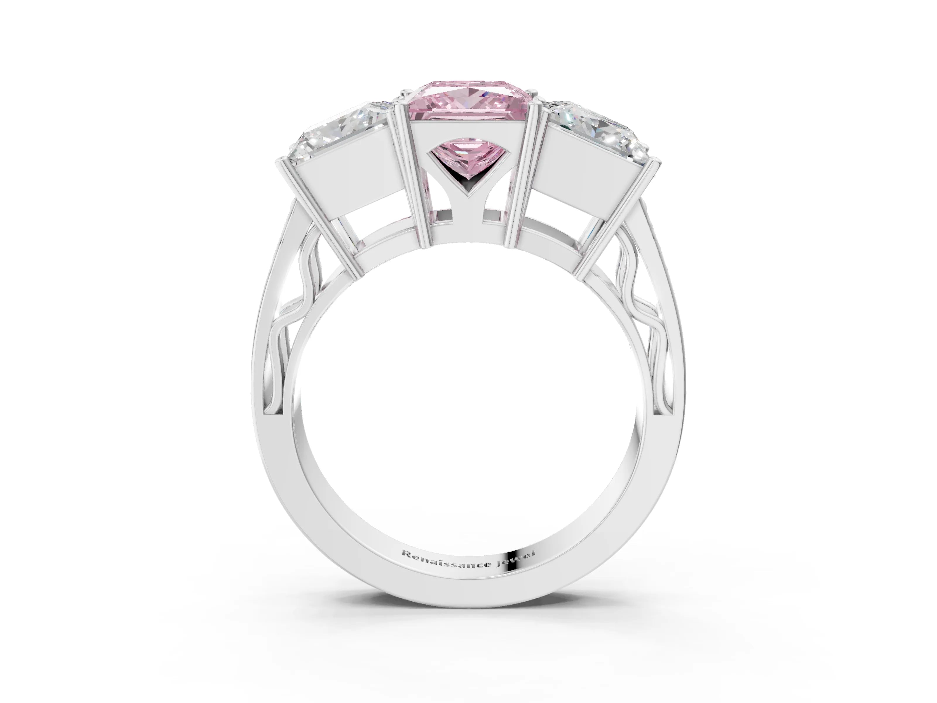 White gold Fancy Pink Princess Cut Diamond Three-Stone Ring with Prong Setting and Textured Band_39