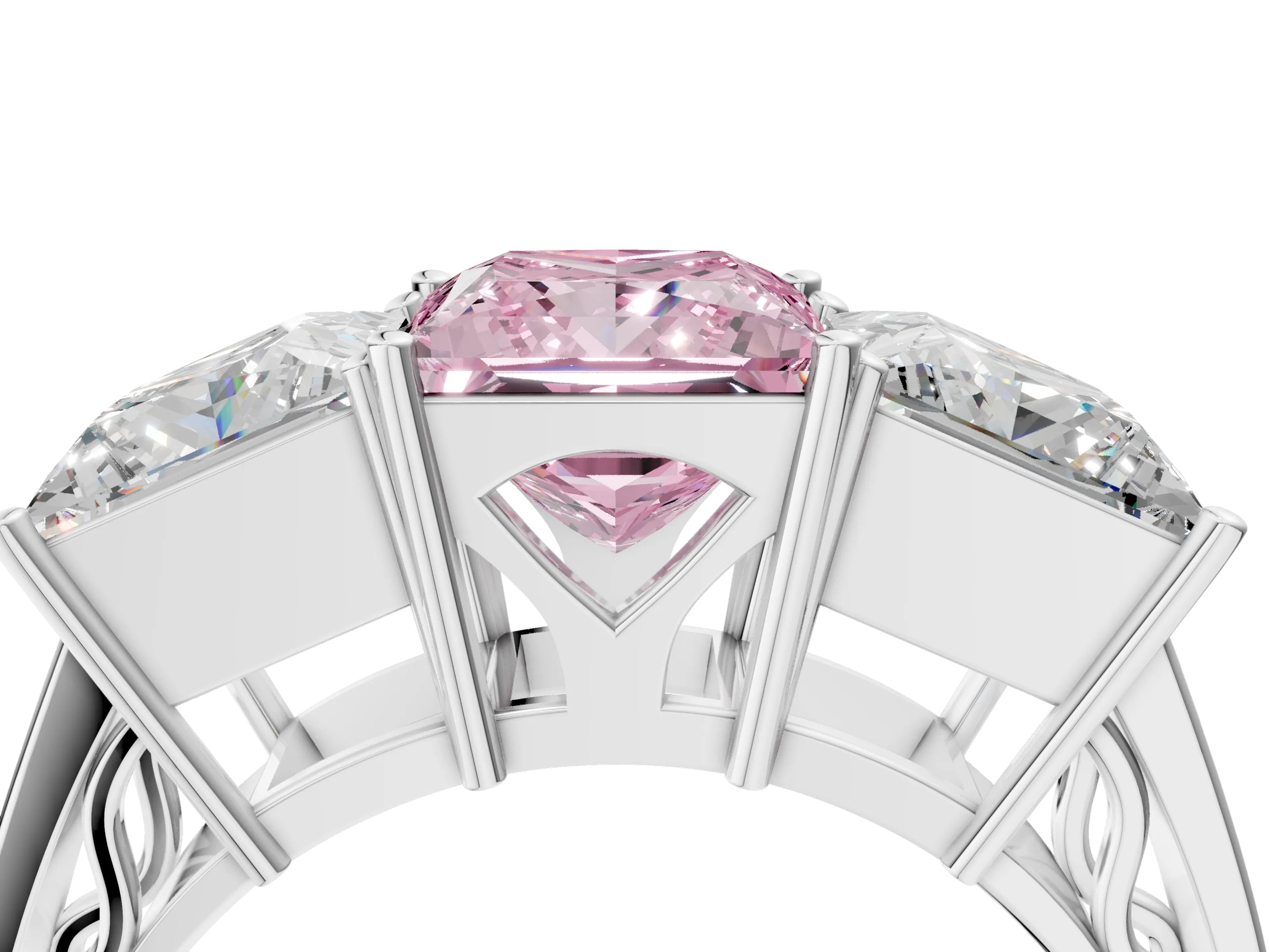White gold Fancy Pink Princess Cut Diamond Three-Stone Ring with Prong Setting and Textured Band_40