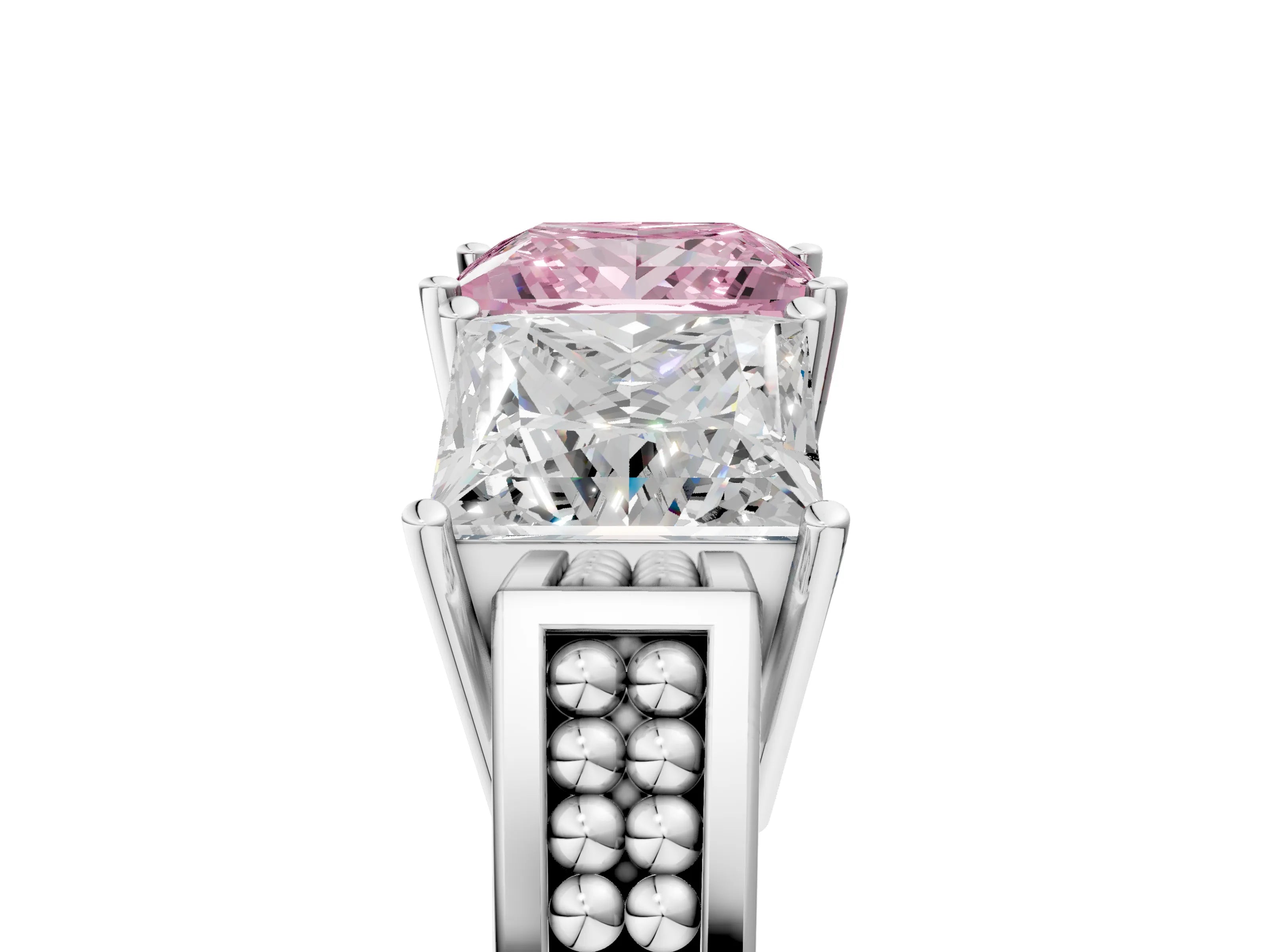 White gold Fancy Pink Princess Cut Diamond Three-Stone Ring with Prong Setting and Textured Band_41