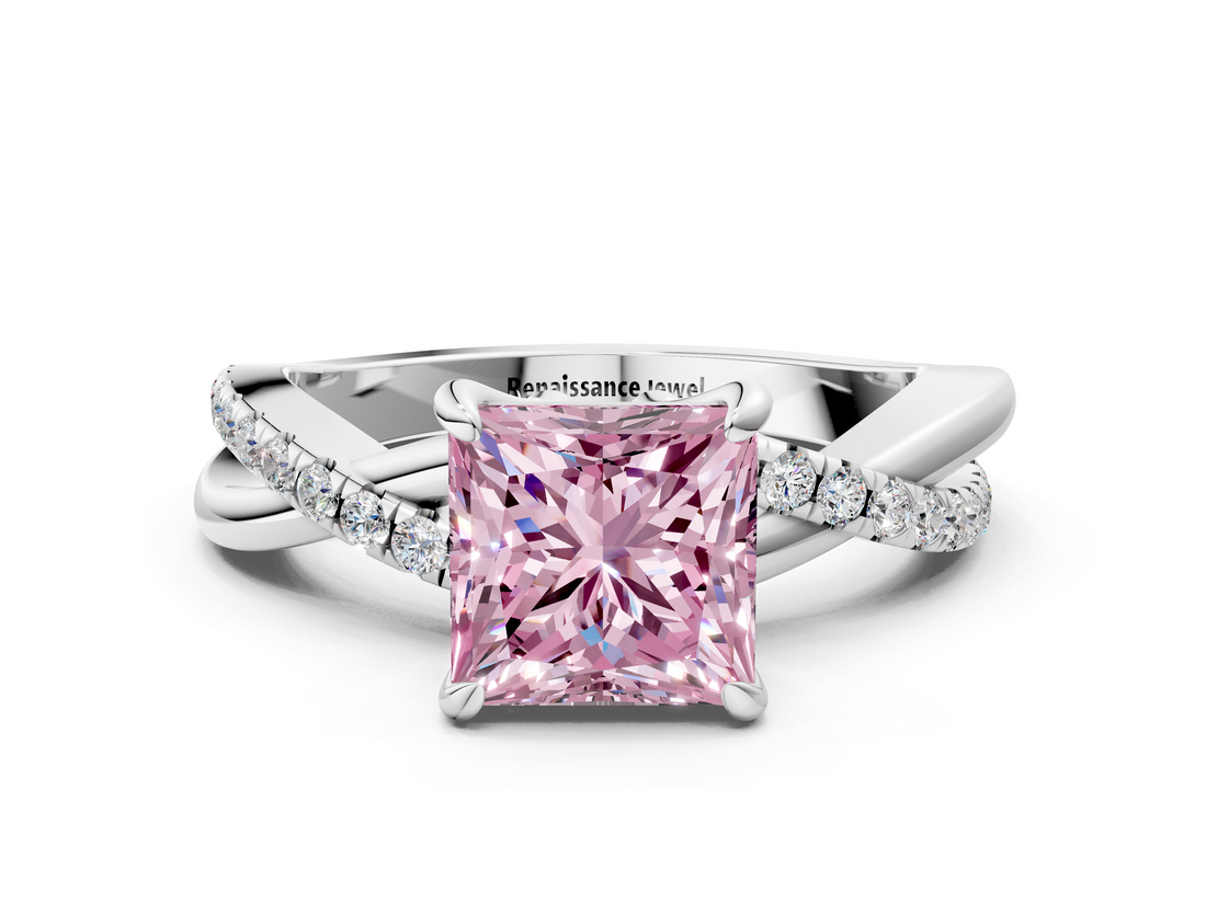 White gold Fancy Pink Princess  Cut Diamond Twist Band Solitaire with Prong Setting