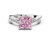 White gold Fancy Pink Princess  Cut Diamond Twist Band Solitaire with Prong Setting