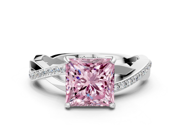 Platinum Fancy Pink Princess  Cut Diamond Twisted Band Engagement Ring with Prong Setting