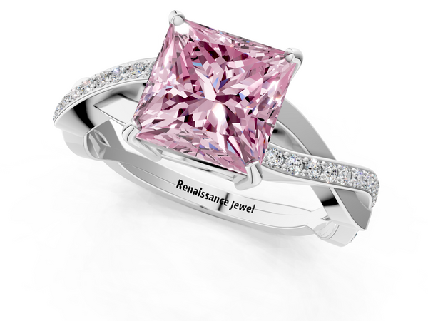 Platinum Fancy Pink Princess  Cut Diamond Twisted Band Engagement Ring with Prong Setting