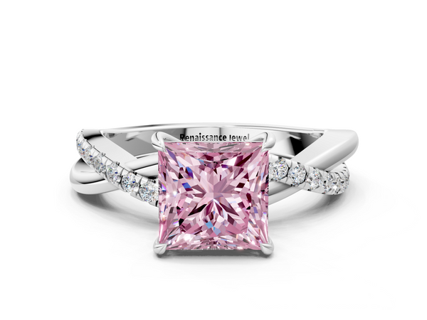 White gold Fancy Pink Princess  Cut Diamond Twisted Band with Pavé Setting and Four-Prong Setting