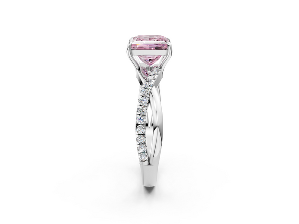 White gold Fancy Pink Princess  Cut Diamond Twisted Band with Pavé Setting and Four-Prong Setting