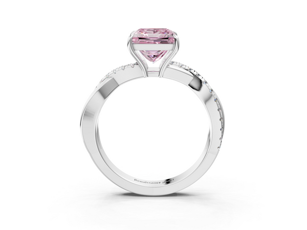White gold Fancy Pink Princess  Cut Diamond Twisted Band with Pavé Setting and Four-Prong Setting
