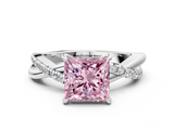 White gold Fancy Pink Princess  Cut Diamond Twisted Band with Pavé Setting and Four-Prong Setting