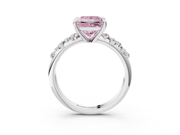 White Gold Princess Cut Solitaire Engagement Ring Setting for Fancy Pink Center with Graduated Scattered Accents