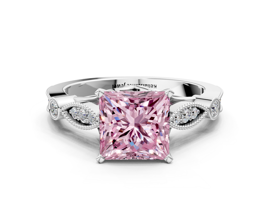 White gold Fancy Pink Princess  Cut Diamond with Milgrain Marquise and Bezel Accents on a Solitaire Band with Prong Setting