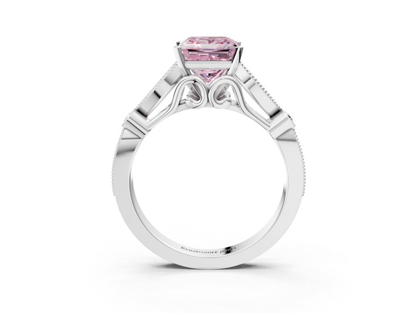 White gold Fancy Pink Princess  Cut Diamond with Milgrain Marquise and Bezel Accents on a Solitaire Band with Prong Setting