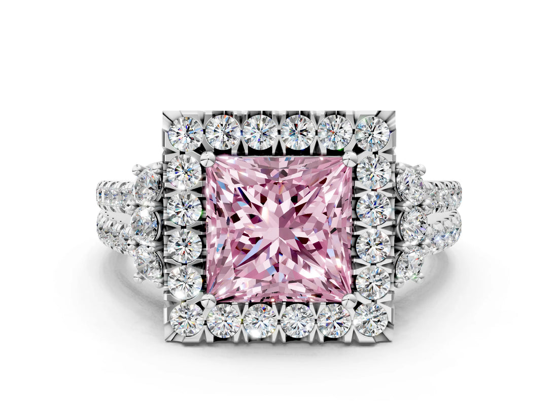 White gold Fancy Pink Princess  Cut Double Halo Diamond Engagement Ring with Pave Band and Four-Prong Setting_67