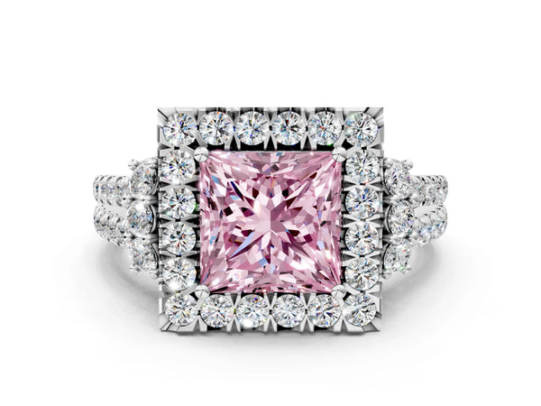 White gold Fancy Pink Princess  Cut Double Halo Diamond Engagement Ring with Pave Band and Four-Prong Setting