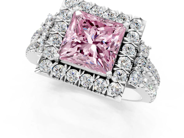 White gold Fancy Pink Princess  Cut Double Halo Diamond Engagement Ring with Pave Band and Four-Prong Setting