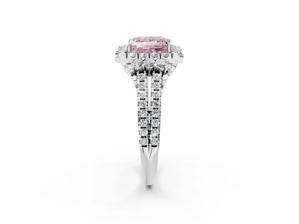 White gold Fancy Pink Princess  Cut Double Halo Diamond Engagement Ring with Pave Band and Four-Prong Setting