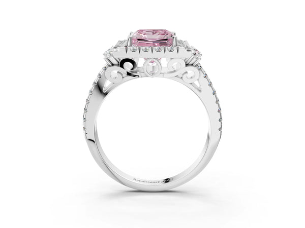 White gold Fancy Pink Princess  Cut Double Halo Diamond Engagement Ring with Pave Band and Four-Prong Setting
